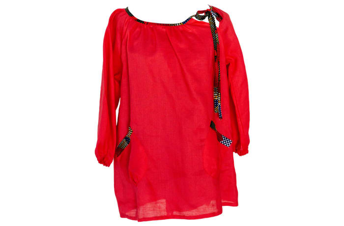 Linen Smock Top with Chitenge Accents Red  image