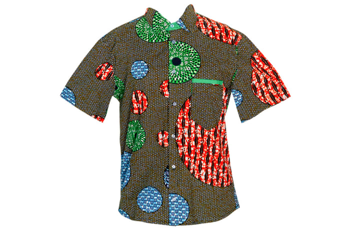 Men's Short Sleeved  Chitenge Shirt Grey with Red Green and Blue Circles image