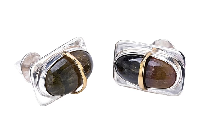 Silver & Yellow Gold  Watermelon Tourmaline  Oval Cufflinks   image