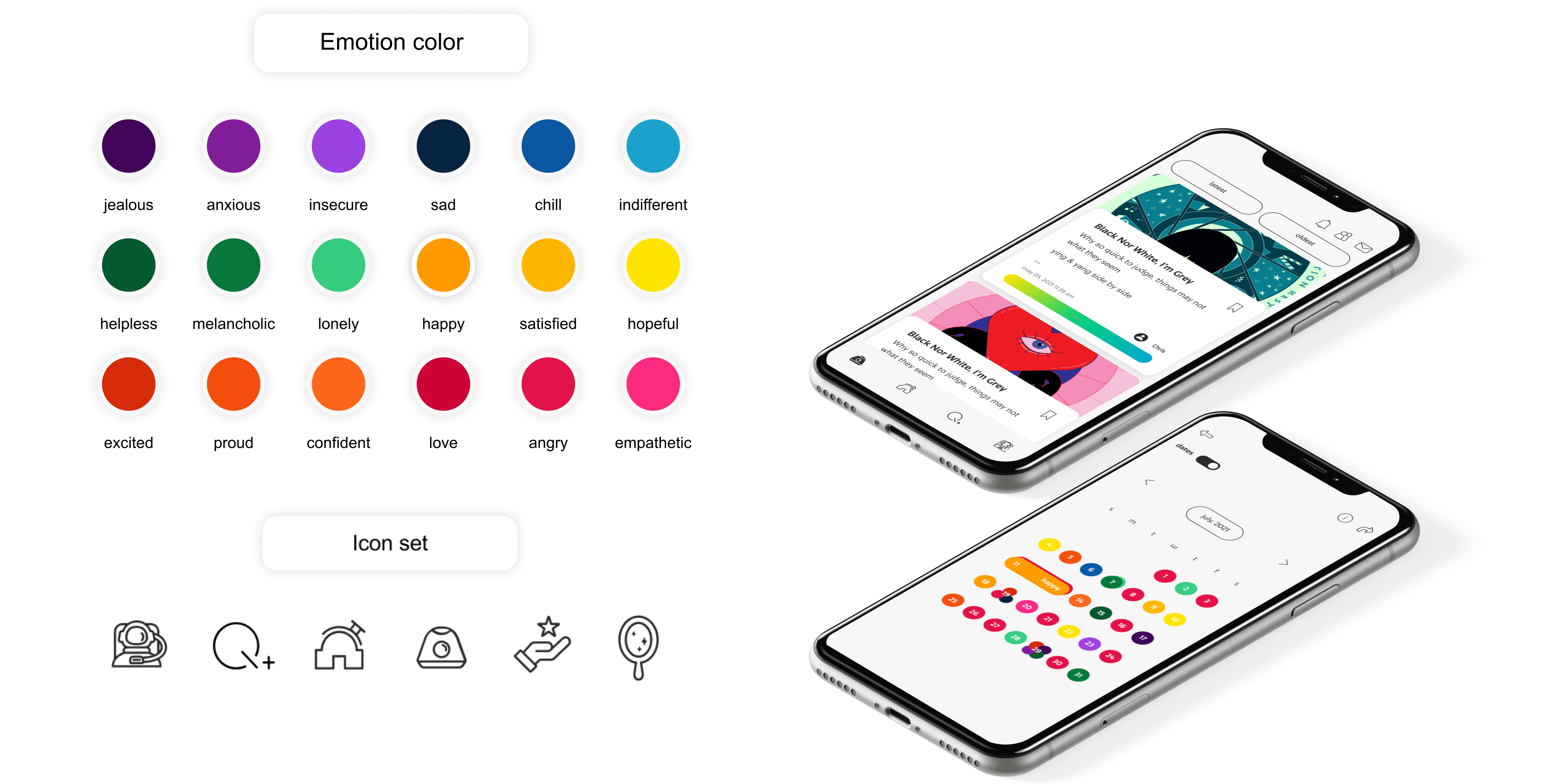 Quesay emotion palette, icons, and mobile interface examples