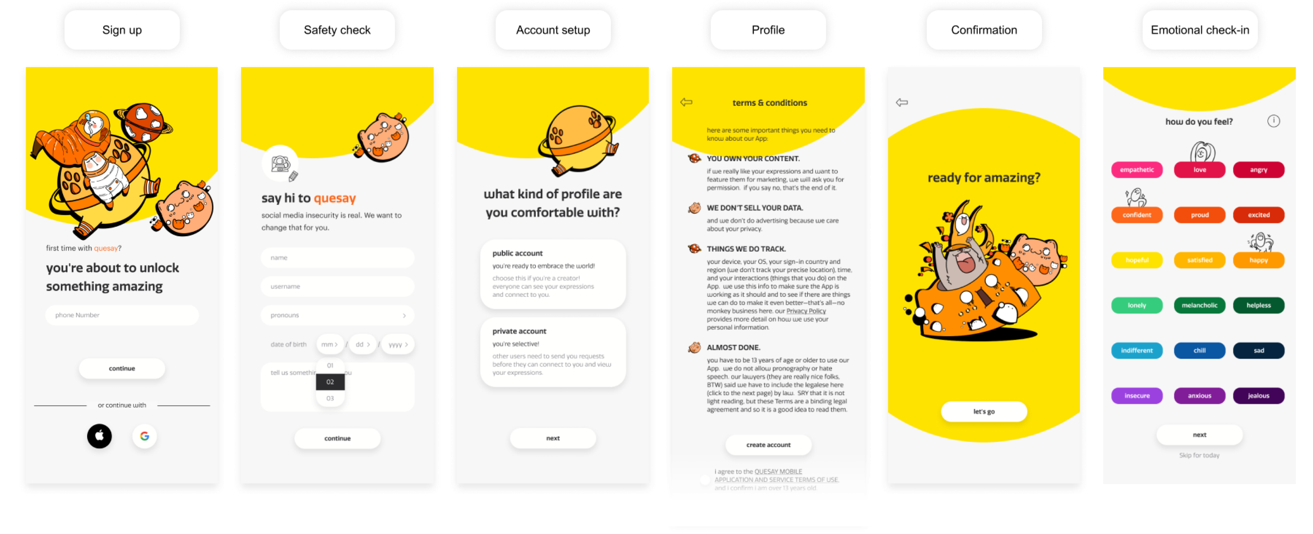 Quesay onboarding and sign-in screens