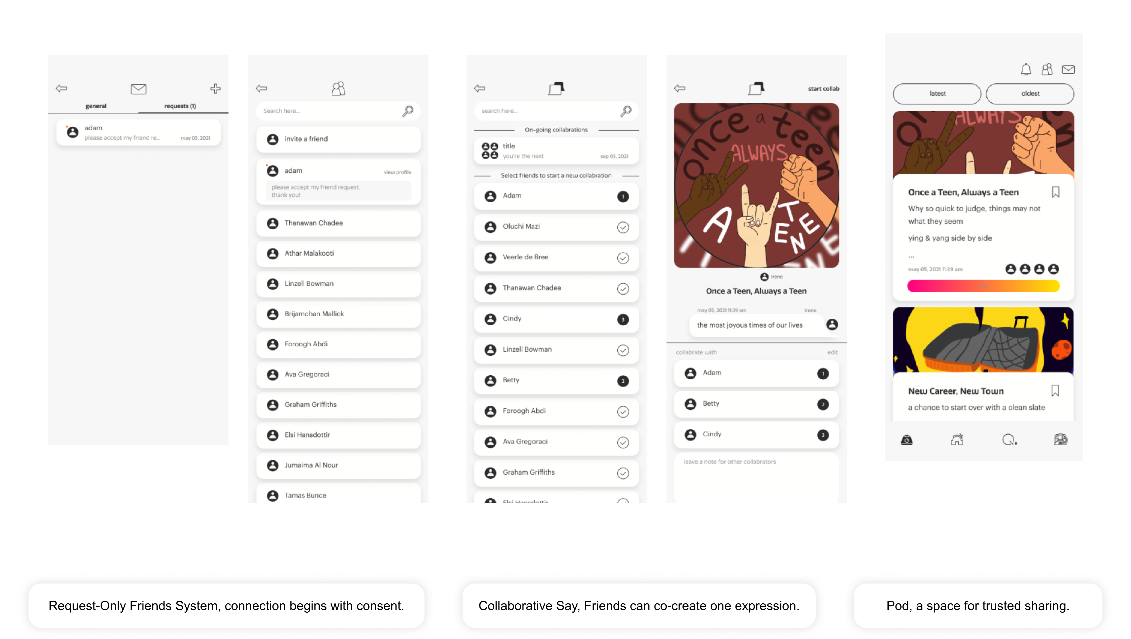 Quesay friend management and intimate sharing screens
