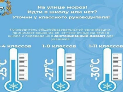 Министерство образования и науки Самарской области информирует о проведении занятий в период морозов