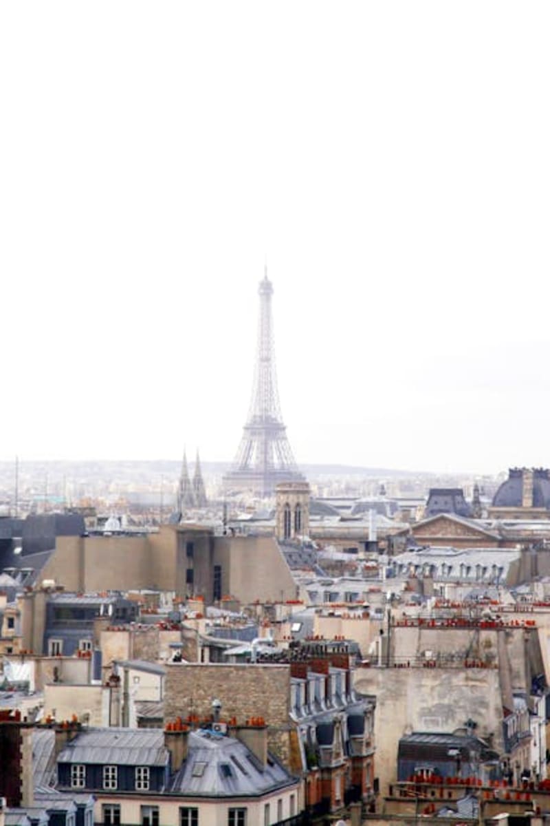 A scenic view of Paris rooftops with the Eiffel Tower in the background, capturing the city's charm.