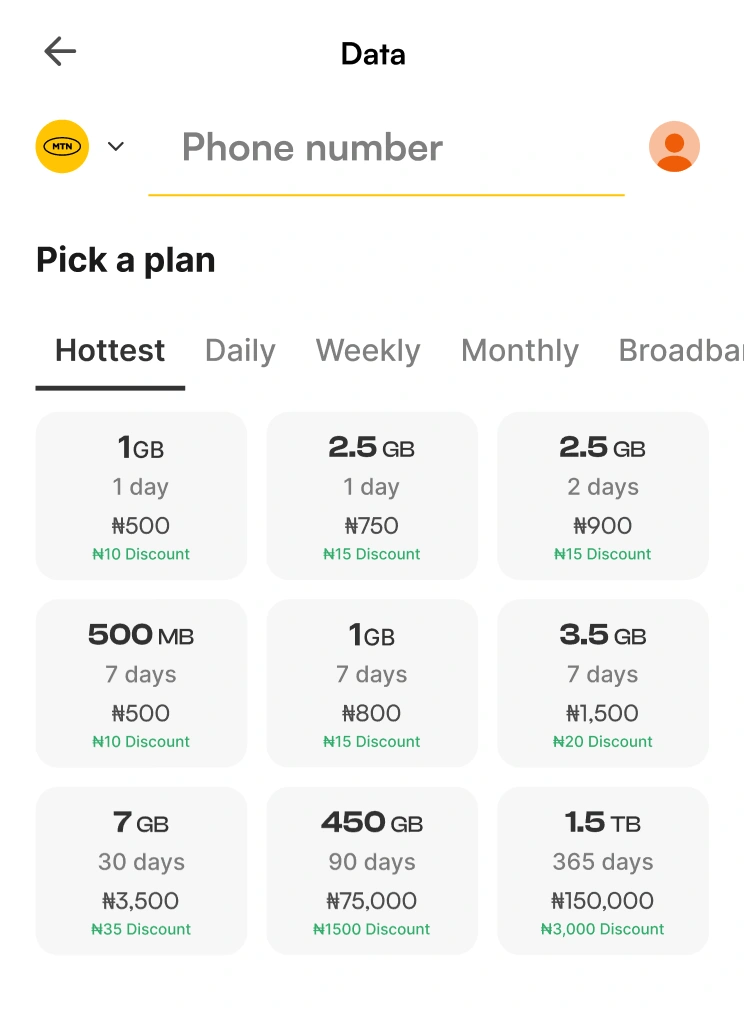 Mobile internet data bundle options