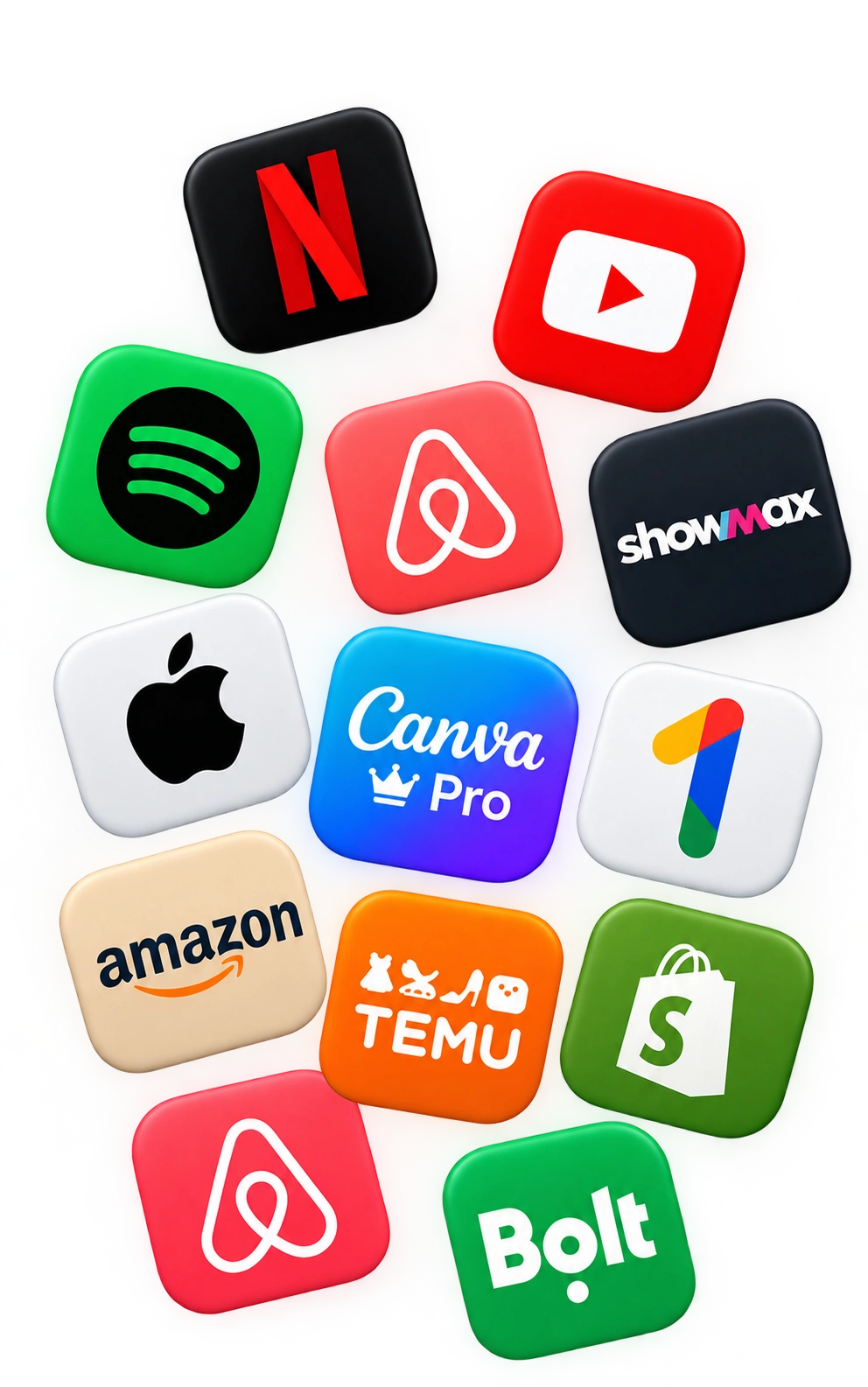 3D app icons for Netflix, YouTube, Spotify, Airbnb, Showmax, Apple, Canva, Amazon