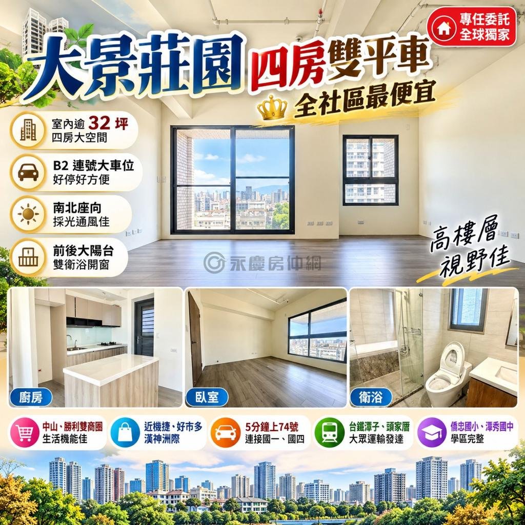 獨家專任|大景莊園四房雙平車|全社區最便宜
