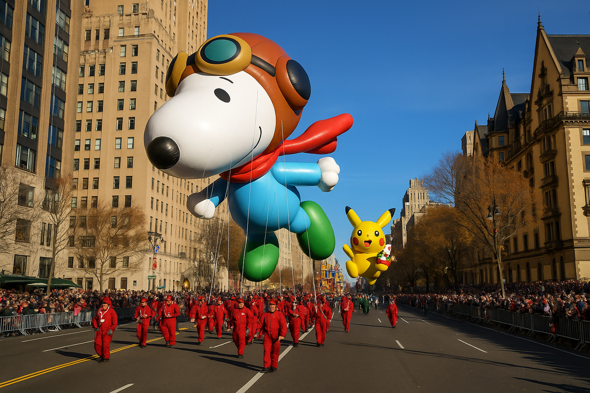 Globo gigante de Snoopy flotando entre rascacielos.