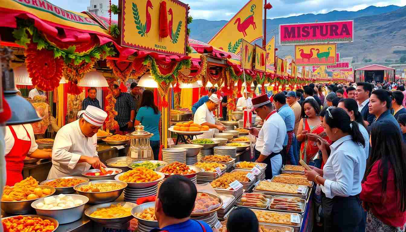 Puestos de comida peruana con mucha gente.
