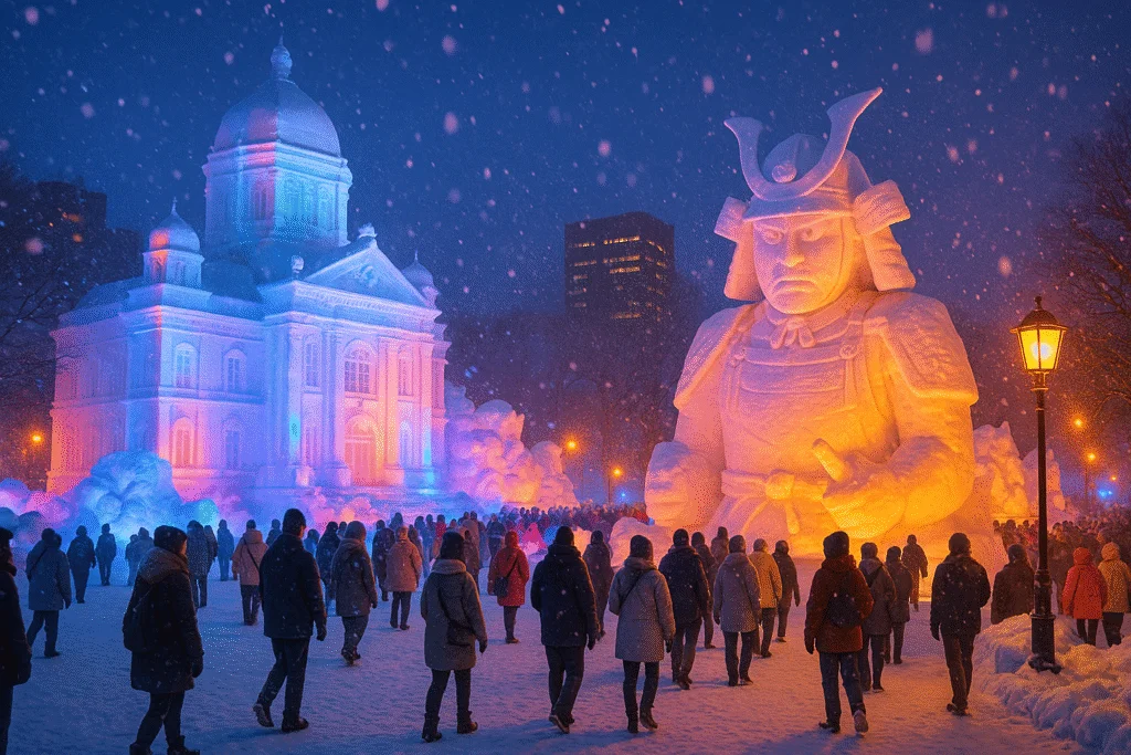 Esculturas de hielo iluminadas de noche.