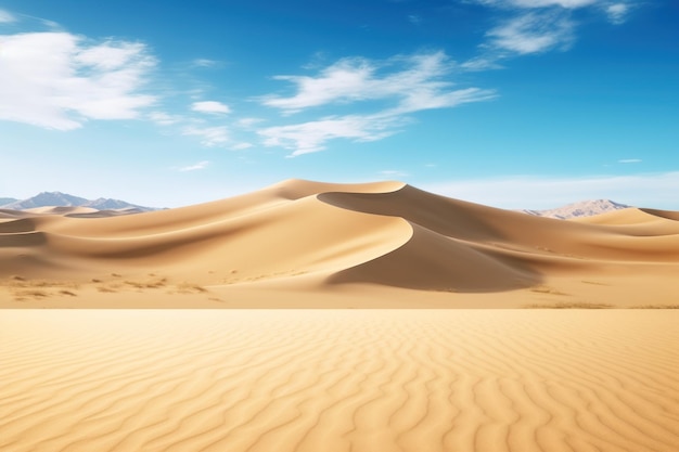 Dunas doradas con caravana de camellos al fondo.