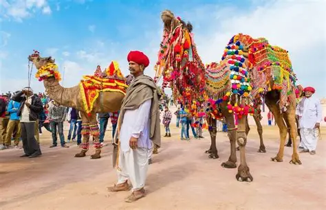 Cientos de camellos decorados con pompones en el desierto.