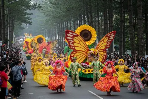 Carroza de flores gigantesca en las montañas.