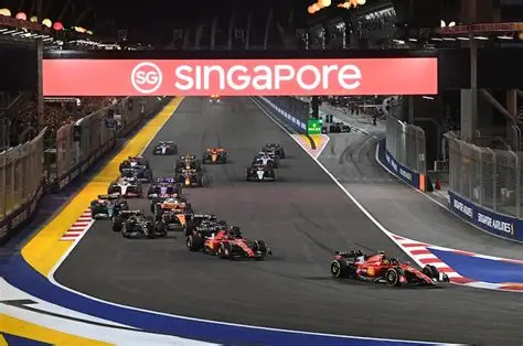 Coches de F1 pasando por el puente de Singapur de noche.