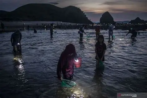 Multitud con redes en el agua al amanecer.