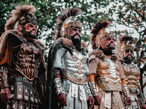Hombres disfrazados de romanos con máscaras de madera.