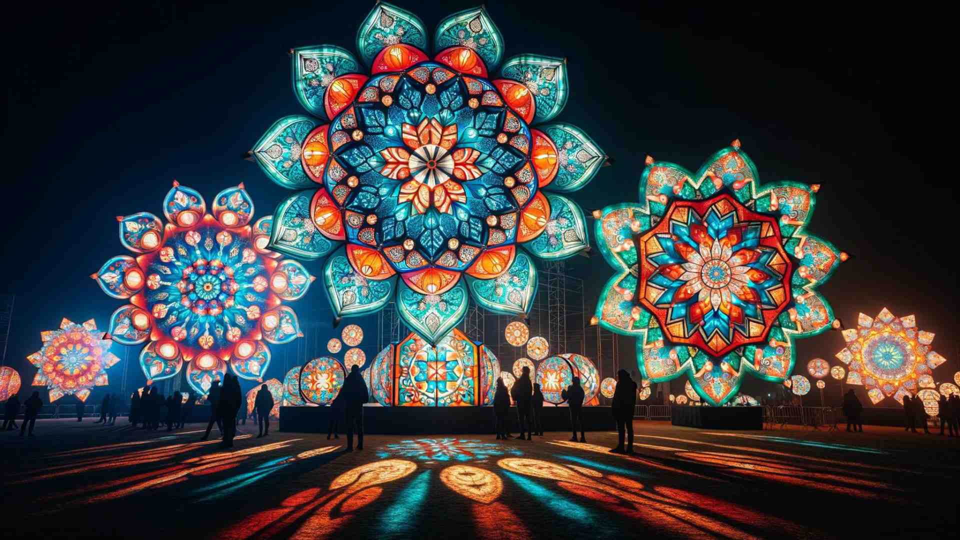 Linternas de 6 metros iluminadas con patrones geométricos.