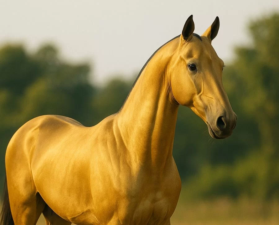 Caballo dorado con arreos enjoyados.