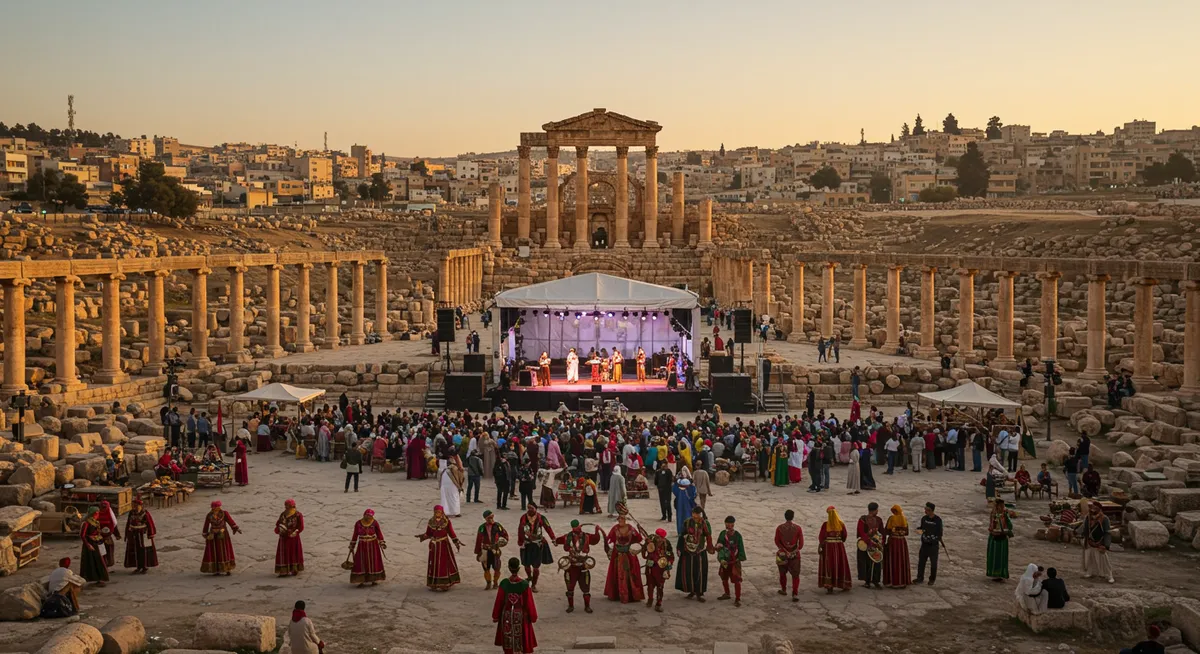 Escenario de música iluminado en un anfiteatro romano.