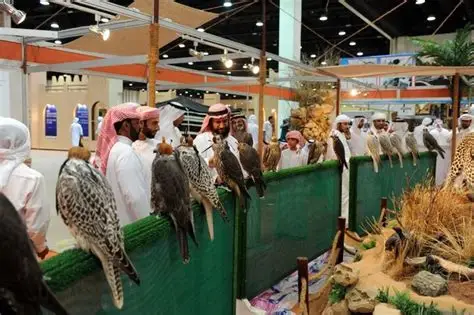 Halcones decorados y caballos árabes en la feria.
