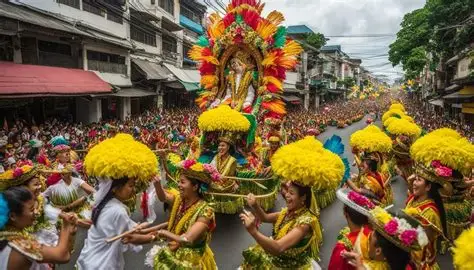 Bailarines tribales con trajes de plumas y frutas.