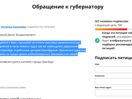 В сети опубликована петиция об отказе от новогодних торжеств ради поддержки мобилизованных оренбуржцев