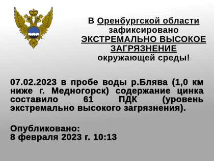 Экстремально высокое загрязнение. В реке Блява под Медногорском содержание цинка в 61 раз превысило норму