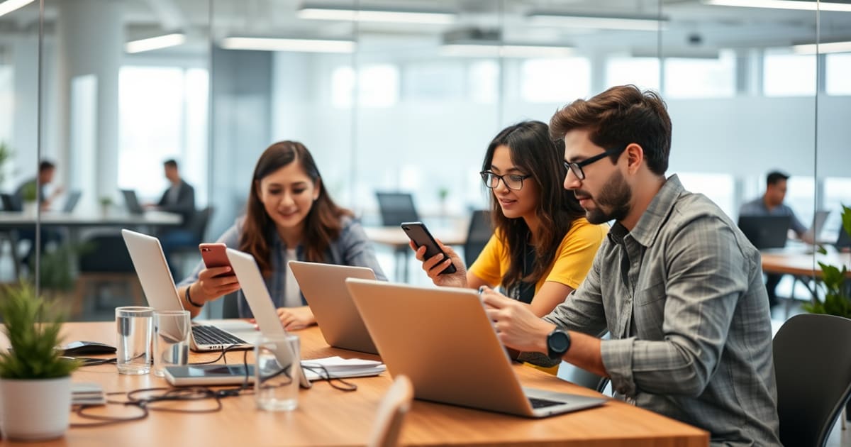 Equipe de pequena empresa usando automação com IA nas atividades diárias