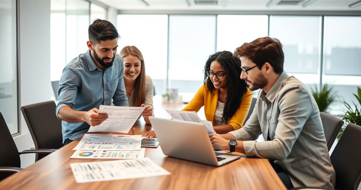 Equipe de pequena empresa comparando opções de manutenção para diferentes tipos de site