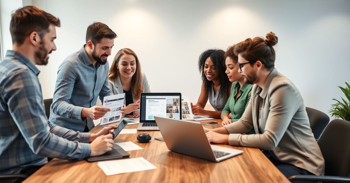 Profissionais comparando opções de site institucional, landing page e loja virtual