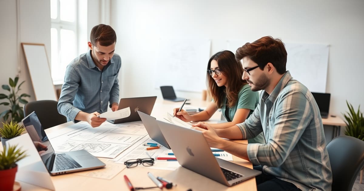 Equipe planejando a estrutura e o conteúdo de um site para empresa local