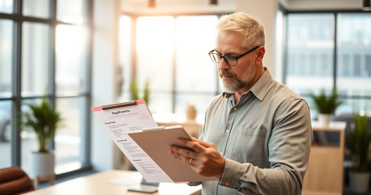 Executivo revisando checklist de requisitos de site em escritório moderno