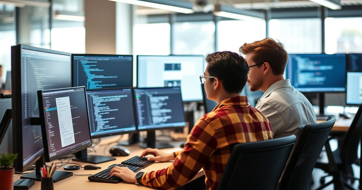 Equipe de desenvolvimento trabalhando em sprint de entrega rápida, múltiplas telas com código