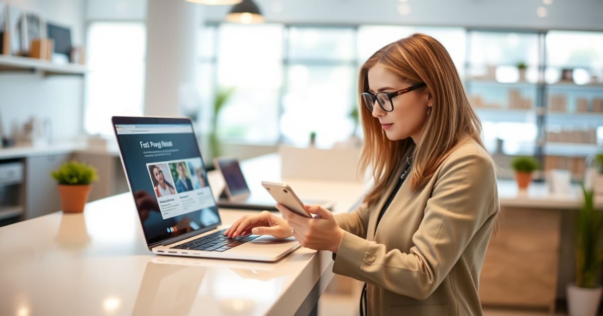 Dona de pequena empresa conferindo um site rápido e otimizado para buscas