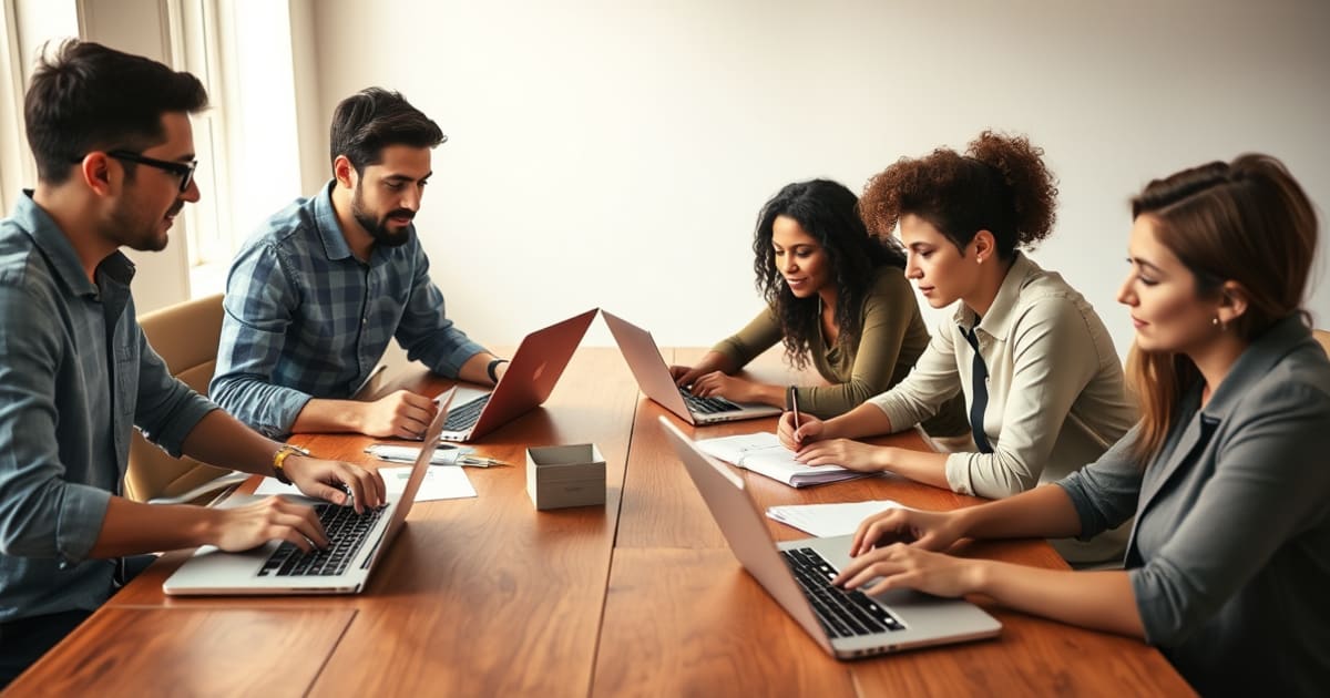 Equipe de pequena empresa planejando conteúdos conforme a intenção de busca