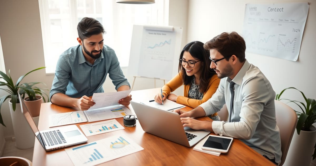 Equipe de pequena empresa organizando conteúdo para Google e buscas por IA