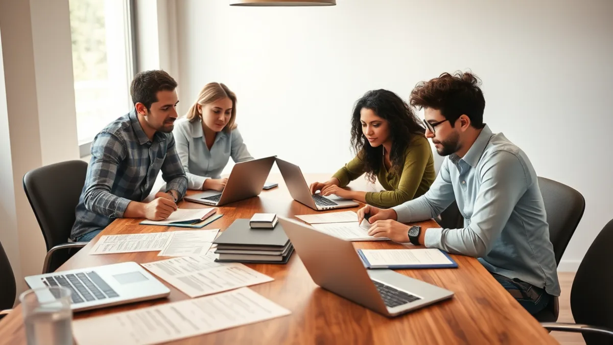 Equipe revisando um processo de produção de conteúdo citável para pequenas empresas