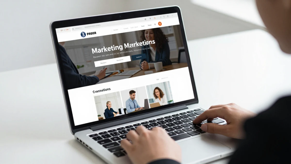 Profissional avaliando a primeira dobra de uma landing page no notebook