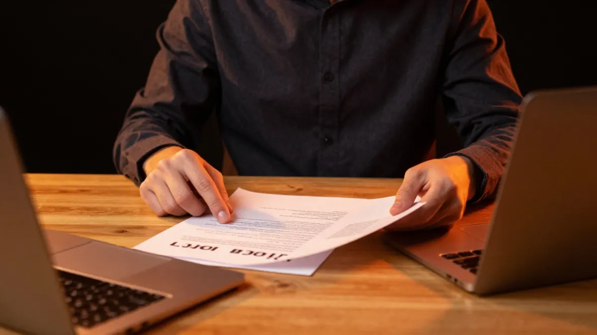 Empresário revisando documentos de conteúdo em escritório escuro