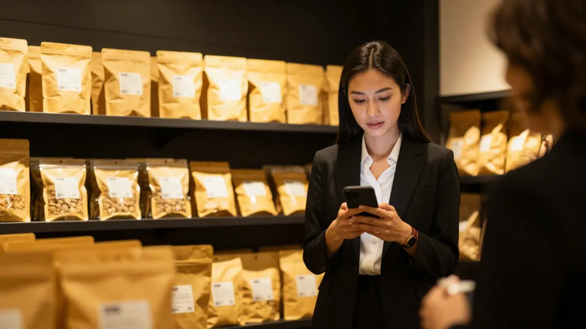 Dona de pequena empresa usando um biolink profissional para receber contatos