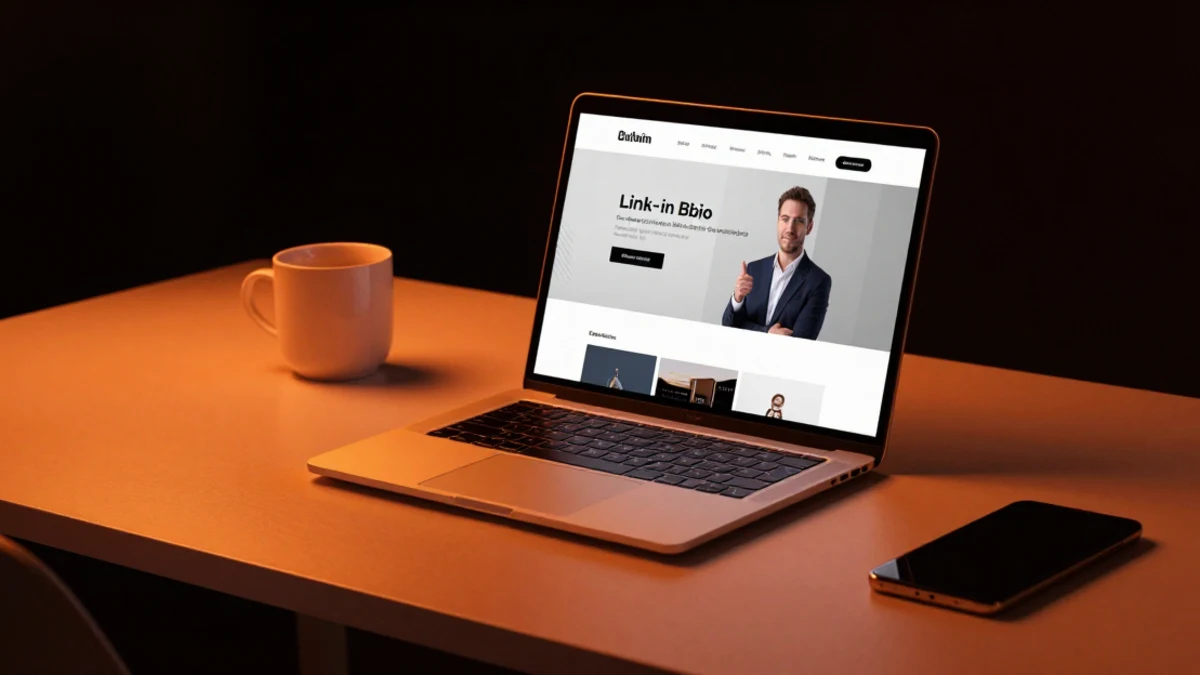 Pessoa criando uma página de links personalizada em um laptop com design moderno em um ambiente de trabalho elegante e iluminado
