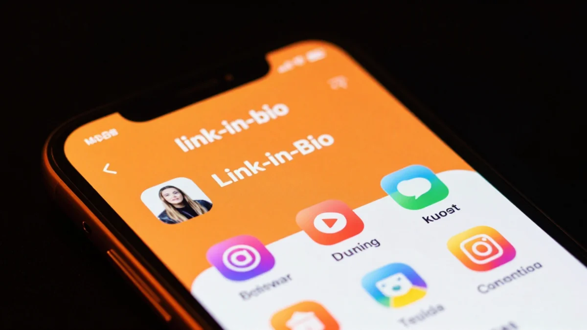 Tela de um smartphone exibindo uma página de links gratuita com design moderno, cores vibrantes em laranja e preto, ícones de redes sociais visíveis