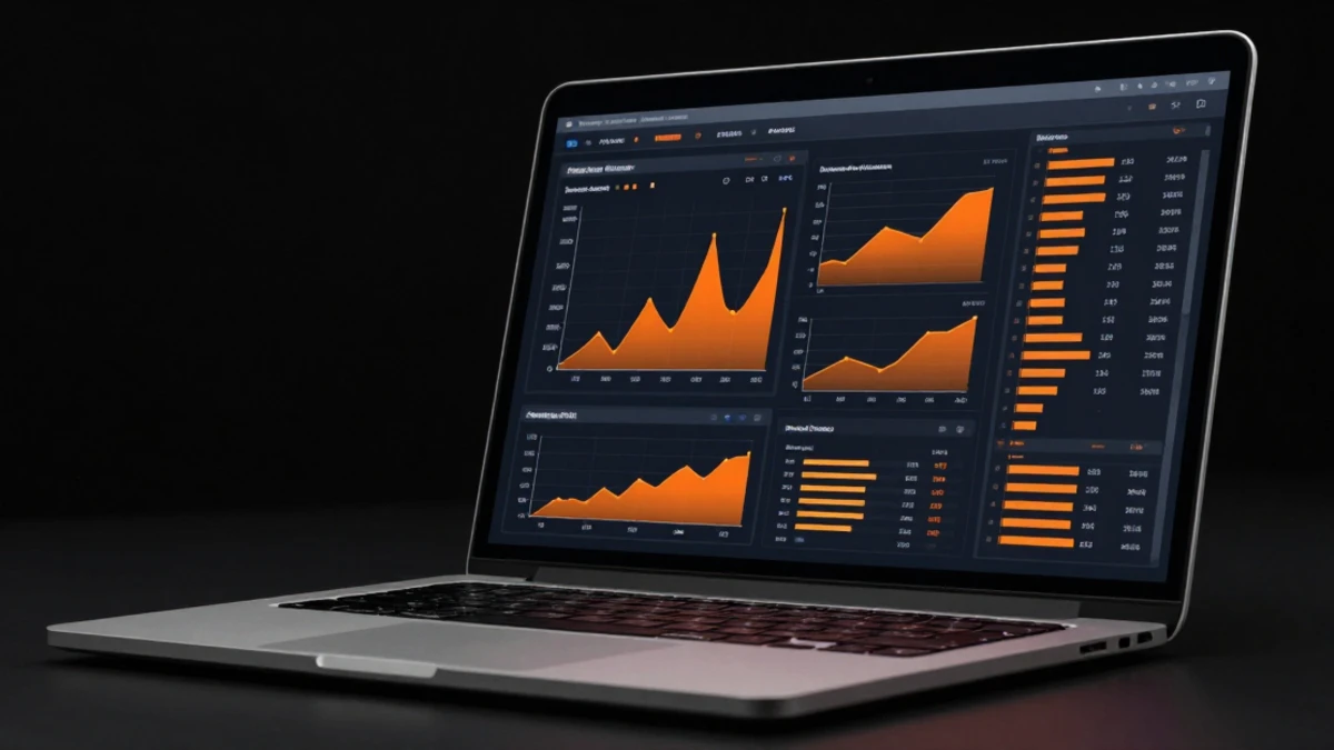 Laptop de profissional com dashboard de plataforma de link na bio, gráficos de cliques e análises em destaque, iluminação profissional com tons de laranja e fundo escuro