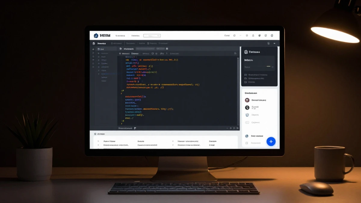 Desenvolvedor trabajando en código HTML e CSS para página de links personalizada em editor de código, monitor exibindo código-fonte com tema escuro, cores em laranja realçando elementos principais