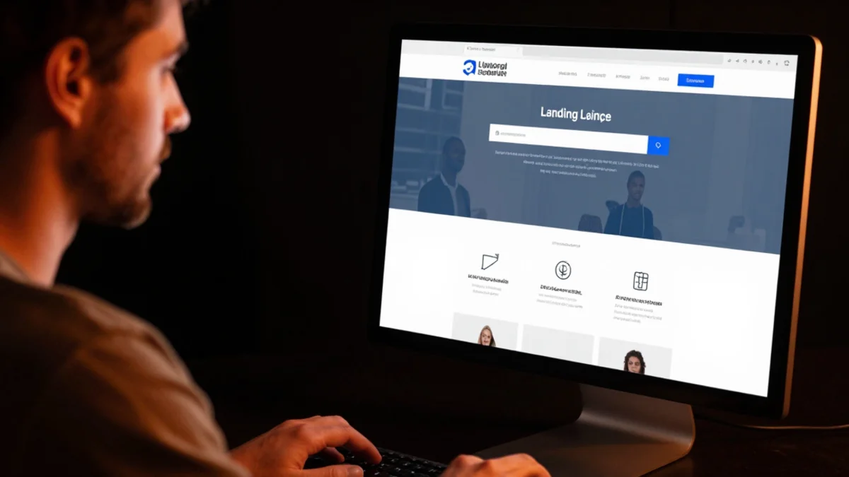 Profissional criando uma landing page no computador, em ambiente moderno com foco em conversão e design