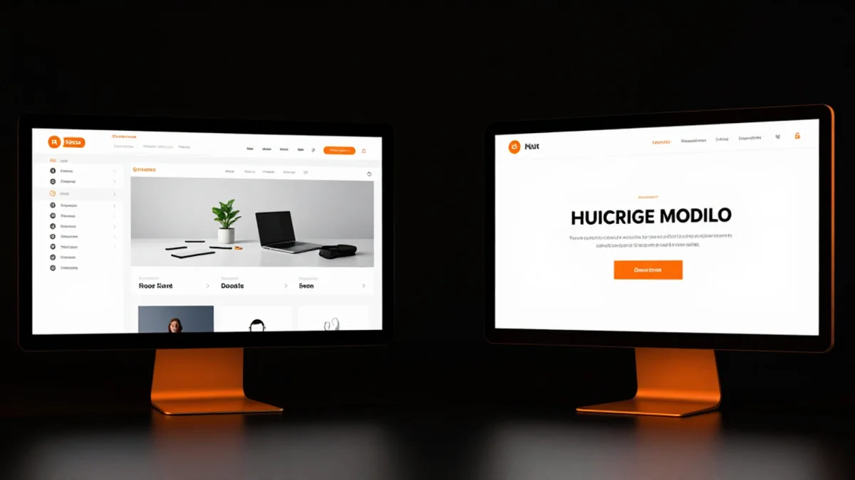 Comparação visual de duas interfaces: uma com navegação complexa (site) e outra focada (landing page)