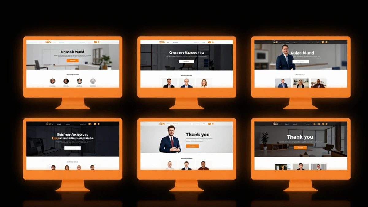 Diferentes tipos de landing pages exibidas em telas, mostrando estruturas variadas para objetivos distintos