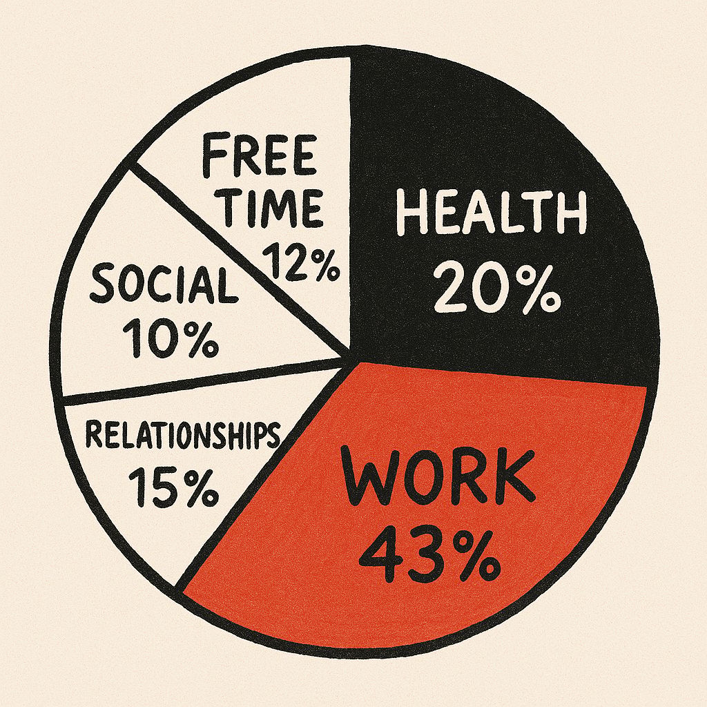 Hand drawn pie chart showing a week split into work at forty three percent, health at twenty percent, relationships at fifteen percent, free time at twelve percent, and social at ten percent