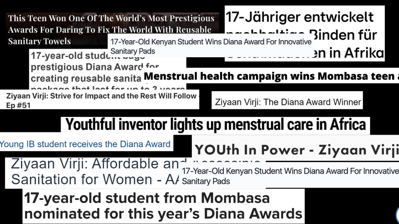 Collage of press headlines about a 17-year-old student from Mombasa winning the Diana Award for reusable sanitary pads, in several languages and from outlets around the world