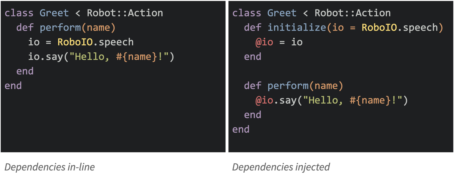 code with dependencies injected as parameters to the initializer, or not